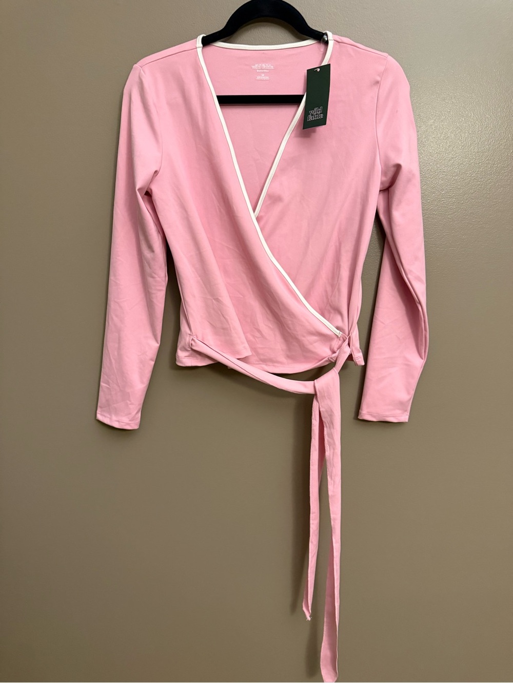 wild fable Pink Wrap Tie-Front Long Sleeve Crop Top with White Trim